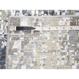 2'6"x10'1" Beige, Modern Abstract Design, Denser Weave Hand Knotted Pure Wool, Runner Oriental Rug FWR481110