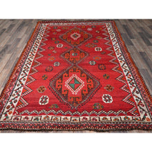 Load image into Gallery viewer, 5&#39;x7&#39;7&quot; Ajax Red, Vintage Persian Shiraz with Geometric Design, Shaved Down, Zero Pile, Sides and Ends Professionally Secured, Hand Knotted, Pure Wool, Oriental Rug FWR4806