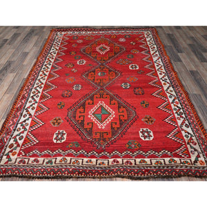 5'x7'7" Ajax Red, Vintage Persian Shiraz with Geometric Design, Shaved Down, Zero Pile, Sides and Ends Professionally Secured, Hand Knotted, Pure Wool, Oriental Rug FWR4806