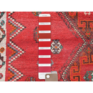 5'x7'7" Ajax Red, Vintage Persian Shiraz with Geometric Design, Shaved Down, Zero Pile, Sides and Ends Professionally Secured, Hand Knotted, Pure Wool, Oriental Rug FWR4806