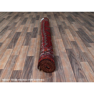 5'x7'7" Ajax Red, Vintage Persian Shiraz with Geometric Design, Shaved Down, Zero Pile, Sides and Ends Professionally Secured, Hand Knotted, Pure Wool, Oriental Rug FWR4806