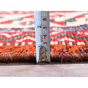 5'x7'7" Ajax Red, Vintage Persian Shiraz with Geometric Design, Shaved Down, Zero Pile, Sides and Ends Professionally Secured, Hand Knotted, Pure Wool, Oriental Rug FWR4806