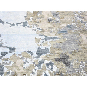 2'6"x10'6" Beige, Modern Abstract Design Denser Weave, Hand Knotted Pure Wool, Runner Oriental Rug FWR481212