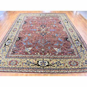 12'x14'10" Rust Red, Antiqued Heriz Re-creation With All Over Flowers Design, Hand Knotted Pure Wool, Oversized Oriental Rug FWR481338