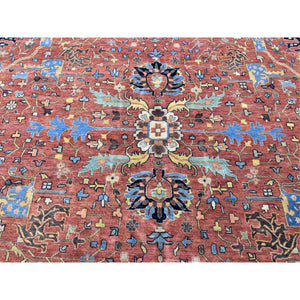 12'x14'10" Rust Red, Antiqued Heriz Re-creation With All Over Flowers Design, Hand Knotted Pure Wool, Oversized Oriental Rug FWR481338
