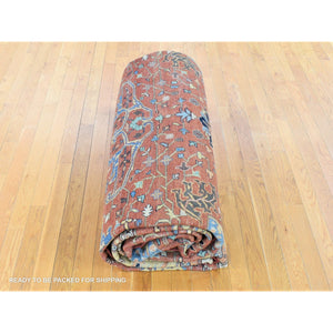 12'x14'10" Rust Red, Antiqued Heriz Re-creation With All Over Flowers Design, Hand Knotted Pure Wool, Oversized Oriental Rug FWR481338