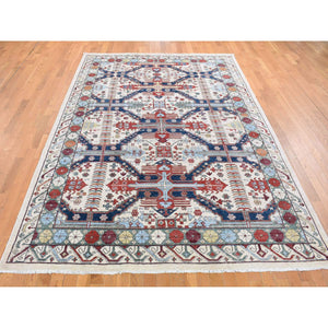 7'5"x12'2" Ivory, Peshawar With Antique Seychour Design, Pure Wool Hand Knotted, Oriental Rug FWR481632