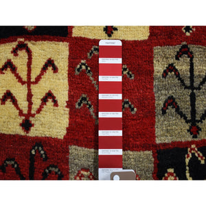 3'7"x5'7" Deep Red, New Persian Gabbeh With Garden Checkers Design, Hand Knotted Pure Wool Oriental Rug FWR481680