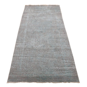 4'x9'9" Seafoam Green, Broken Persian Design, Wool And Silk Hand Knotted, Wide Runner Oriental Rug FWR481716