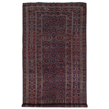 Load image into Gallery viewer, 10&#39;4&quot;x21&#39; Midnight Blue Antique Afghan Beshir Geometric All Over Design with Multiple Borders, Good Condition, Hand Knotted Pure Wool, Gallery Size Oriental Rug FWR481860