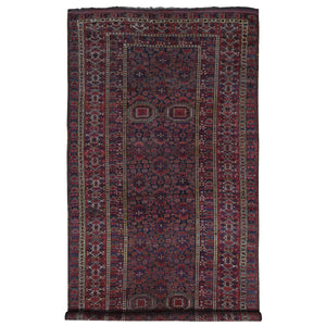 10'4"x21' Midnight Blue Antique Afghan Beshir Geometric All Over Design with Multiple Borders, Good Condition, Hand Knotted Pure Wool, Gallery Size Oriental Rug FWR481860