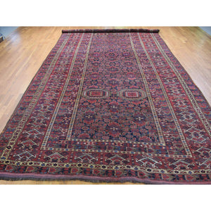 10'4"x21' Midnight Blue Antique Afghan Beshir Geometric All Over Design with Multiple Borders, Good Condition, Hand Knotted Pure Wool, Gallery Size Oriental Rug FWR481860