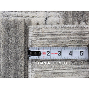 2'x3' Light Gray, Modern Geometric Art Deco Style, Textured Hi and Lo Pure Wool Hand Loomed, Mat Oriental Rug FWR481998