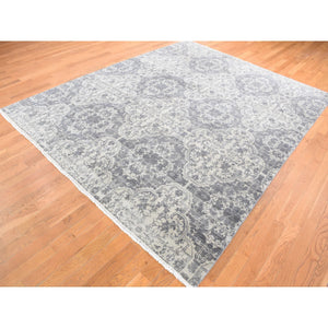 7'9"x10' Ivory, Hand Knotted, Wool And Silk, Geometric Mughal Design With Large Elements Oriental Rug FWR482292