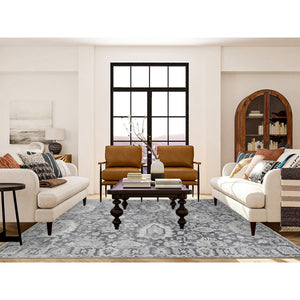 7'10"x10'2" Charcoal Gray, Silk with Textured Wool, Hand Knotted, Oushak Influence, Oriental Rug FWR482310