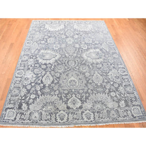7'10"x10'2" Charcoal Gray, Silk with Textured Wool, Hand Knotted, Oushak Influence, Oriental Rug FWR482310