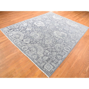 7'10"x10'2" Charcoal Gray, Silk with Textured Wool, Hand Knotted, Oushak Influence, Oriental Rug FWR482310