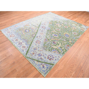7'9"x9'10" Forest Green, Broken Persian Tabriz With Rug On Top Of Rug Design, Silk With Textured Wool, Oriental Rug FWR482328