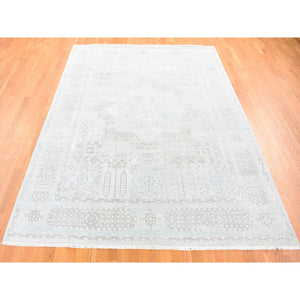 8'1"x10'5" Light Blue, Hand-knotted, Mamluk Design, Pure Silk With Textured Wool, Oriental Rug FWR482346