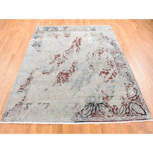 8'2"x10'3" Beige, Broken Tulip Design, Silk with Textured Wool, Hand Knotted Oriental Rug FWR482364