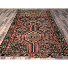Load image into Gallery viewer, 5&#39;2&quot;x8&#39; Blush Red, Semi Antique Persian Shiraz with Geometric Pattern, Shaved Down, Zero Pile, Sides and Ends Professionally Secured, Hand Knotted, Pure Wool, Oriental Rug FWR4818
