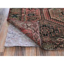 Load image into Gallery viewer, 5&#39;2&quot;x8&#39; Blush Red, Semi Antique Persian Shiraz With Geometric Pattern, Shaved Down, Zero Pile, Sides And Ends Professionally Secured, Hand Knotted, Pure Wool, Oriental Rug FWR4818