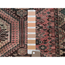 Load image into Gallery viewer, 5&#39;2&quot;x8&#39; Blush Red, Semi Antique Persian Shiraz with Geometric Pattern, Shaved Down, Zero Pile, Sides and Ends Professionally Secured, Hand Knotted, Pure Wool, Oriental Rug FWR4818