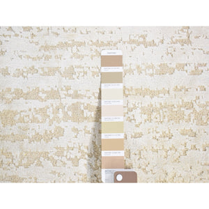 2'x3' Ivory, Modern Design, Pure Silk With Textured Wool, Hand Knotted, Mat Oriental Rug FWR482580