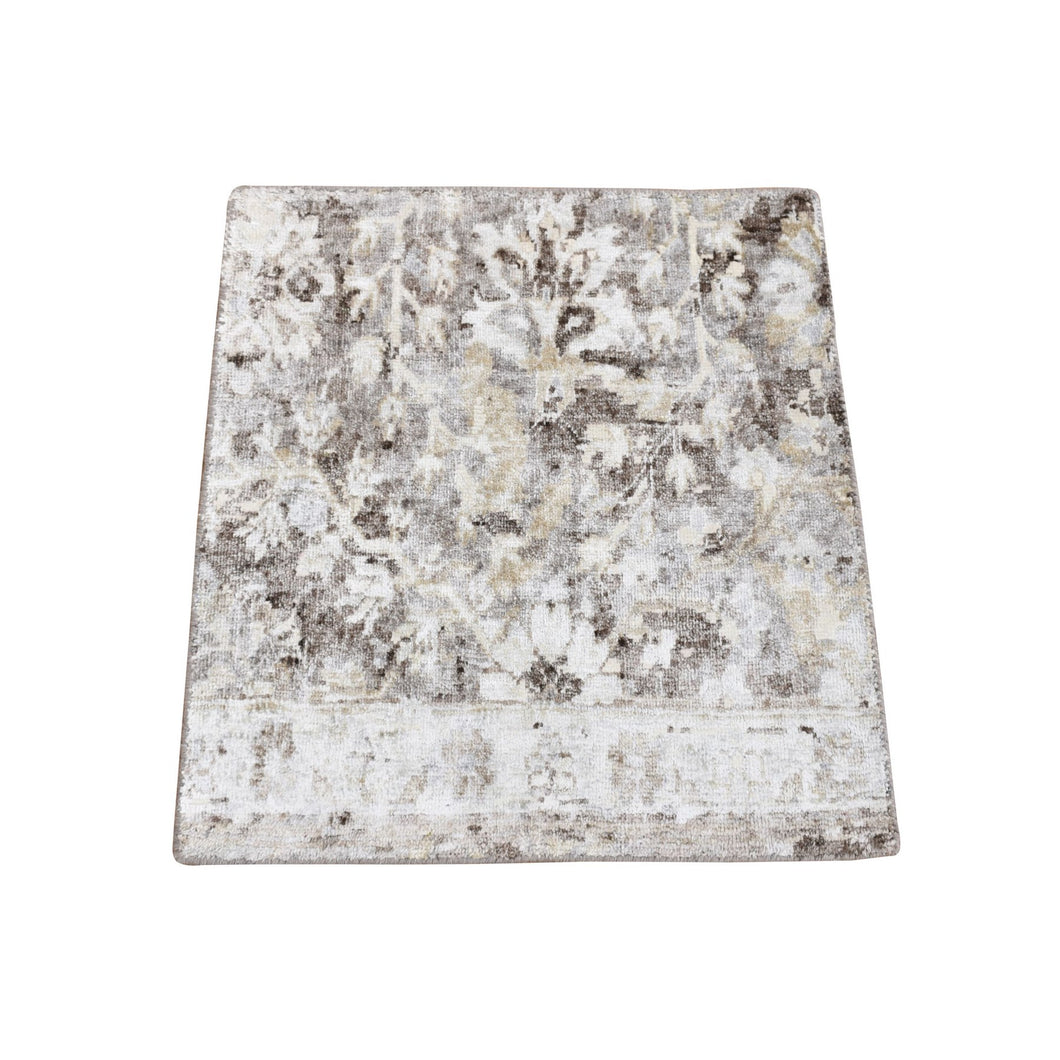 2'x2' Light Gray, Plant Based Silk and Textured Wool Modern Design, Hand Knotted, Mat Square Oriental Rug FWR482634