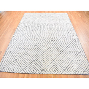 9'x12' Ivory, Roman Key Squares Design, Hand Knotted, Pure Silk With Textured Wool, Modern, Oriental Rug FWR482682