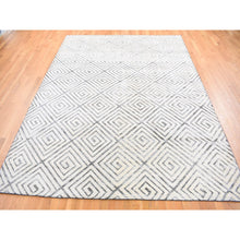 Load image into Gallery viewer, 9&#39;x12&#39; Ivory, Roman Key Squares Design, Hand Knotted, Pure Silk With Textured Wool, Modern, Oriental Rug FWR482682