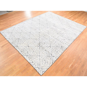 9'x12' Ivory, Roman Key Squares Design, Hand Knotted, Pure Silk With Textured Wool, Modern, Oriental Rug FWR482682