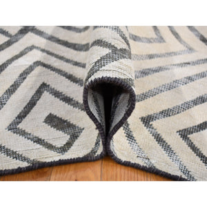 9'x12' Ivory, Roman Key Squares Design, Hand Knotted, Pure Silk With Textured Wool, Modern, Oriental Rug FWR482682