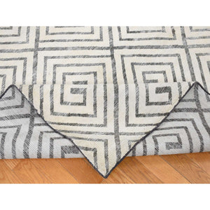 9'x12' Ivory, Roman Key Squares Design, Hand Knotted, Pure Silk With Textured Wool, Modern, Oriental Rug FWR482682