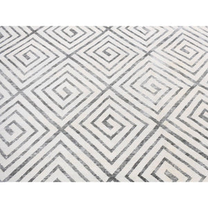 9'x12' Ivory, Roman Key Squares Design, Hand Knotted, Pure Silk With Textured Wool, Modern, Oriental Rug FWR482682