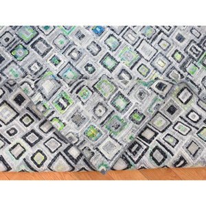 9'x12'3" Light Gray, Sari Silk With Textured Wool, Psefas Square Design Hand Knotted, Oriental Rug FWR482730