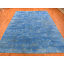 Load image into Gallery viewer, 10&#39;x14&#39;1&quot; Azure Blue, Textured Wool Hand Knotted, Overdyed Contemporary Stipes Design, Oriental Rug FWR483108