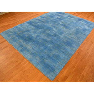 10'x14'1" Azure Blue, Textured Wool Hand Knotted, Overdyed Contemporary Stipes Design, Oriental Rug FWR483108