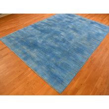 Load image into Gallery viewer, 10&#39;x14&#39;1&quot; Azure Blue, Textured Wool Hand Knotted, Overdyed Contemporary Stipes Design, Oriental Rug FWR483108