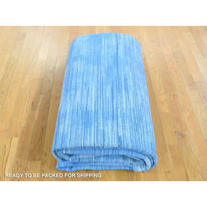 10'x14'1" Azure Blue, Textured Wool Hand Knotted, Overdyed Contemporary Stipes Design, Oriental Rug FWR483108