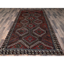 Load image into Gallery viewer, 5&#39;x9&#39;2&quot; Brick Red, Vintage Persian Shiraz with Geometric Design, Worn and Distressed, Sheared Low, Zero Pile, Sides and Ends Professionally Secured, Hand Knotted, Pure Wool, Wide Runner, Oriental Rug FWR4830