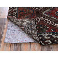 Load image into Gallery viewer, 5&#39;x9&#39;2&quot; Brick Red, Vintage Persian Shiraz with Geometric Design, Worn and Distressed, Sheared Low, Zero Pile, Sides and Ends Professionally Secured, Hand Knotted, Pure Wool, Wide Runner, Oriental Rug FWR4830