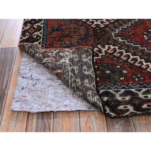 5'x9'2" Brick Red, Vintage Persian Shiraz with Geometric Design, Worn and Distressed, Sheared Low, Zero Pile, Sides and Ends Professionally Secured, Hand Knotted, Pure Wool, Wide Runner, Oriental Rug FWR4830