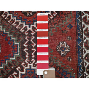 5'x9'2" Brick Red, Vintage Persian Shiraz with Geometric Design, Worn and Distressed, Sheared Low, Zero Pile, Sides and Ends Professionally Secured, Hand Knotted, Pure Wool, Wide Runner, Oriental Rug FWR4830