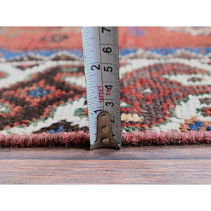 5'x9'2" Brick Red, Vintage Persian Shiraz with Geometric Design, Worn and Distressed, Sheared Low, Zero Pile, Sides and Ends Professionally Secured, Hand Knotted, Pure Wool, Wide Runner, Oriental Rug FWR4830