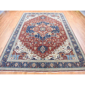 10'1"x13'9" Sangria Red, Antiqued Heriz Re-creation with Large Medallions Design, Pure Wool Hand Knotted, Oriental Rug FWR483804