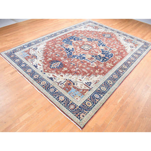 10'1"x13'9" Sangria Red, Antiqued Heriz Re-creation with Large Medallions Design, Pure Wool Hand Knotted, Oriental Rug FWR483804