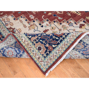 10'1"x13'9" Sangria Red, Antiqued Heriz Re-creation with Large Medallions Design, Pure Wool Hand Knotted, Oriental Rug FWR483804