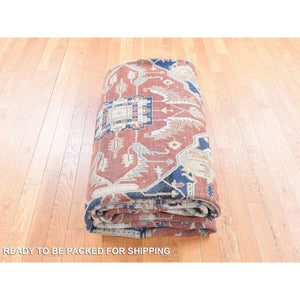 10'1"x13'9" Sangria Red, Antiqued Heriz Re-creation with Large Medallions Design, Pure Wool Hand Knotted, Oriental Rug FWR483804