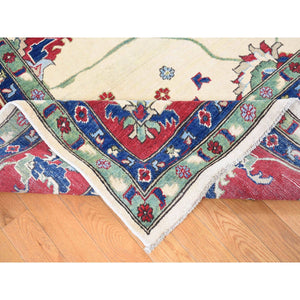 9'10"x14' Cream Color, Hand Knotted Kazak With All Over Leaf And Vines Pattern, Pure Wool Oriental Rug FWR483816